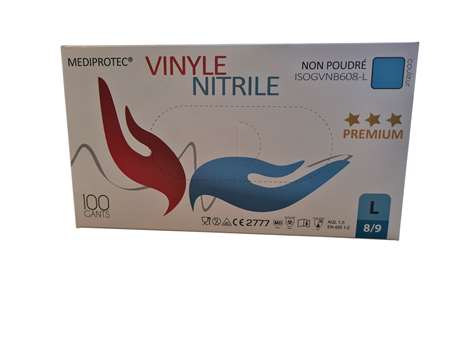 GANT VINYLE NITRILE BLEU PREMIUM NON POUDRÉ L C/100